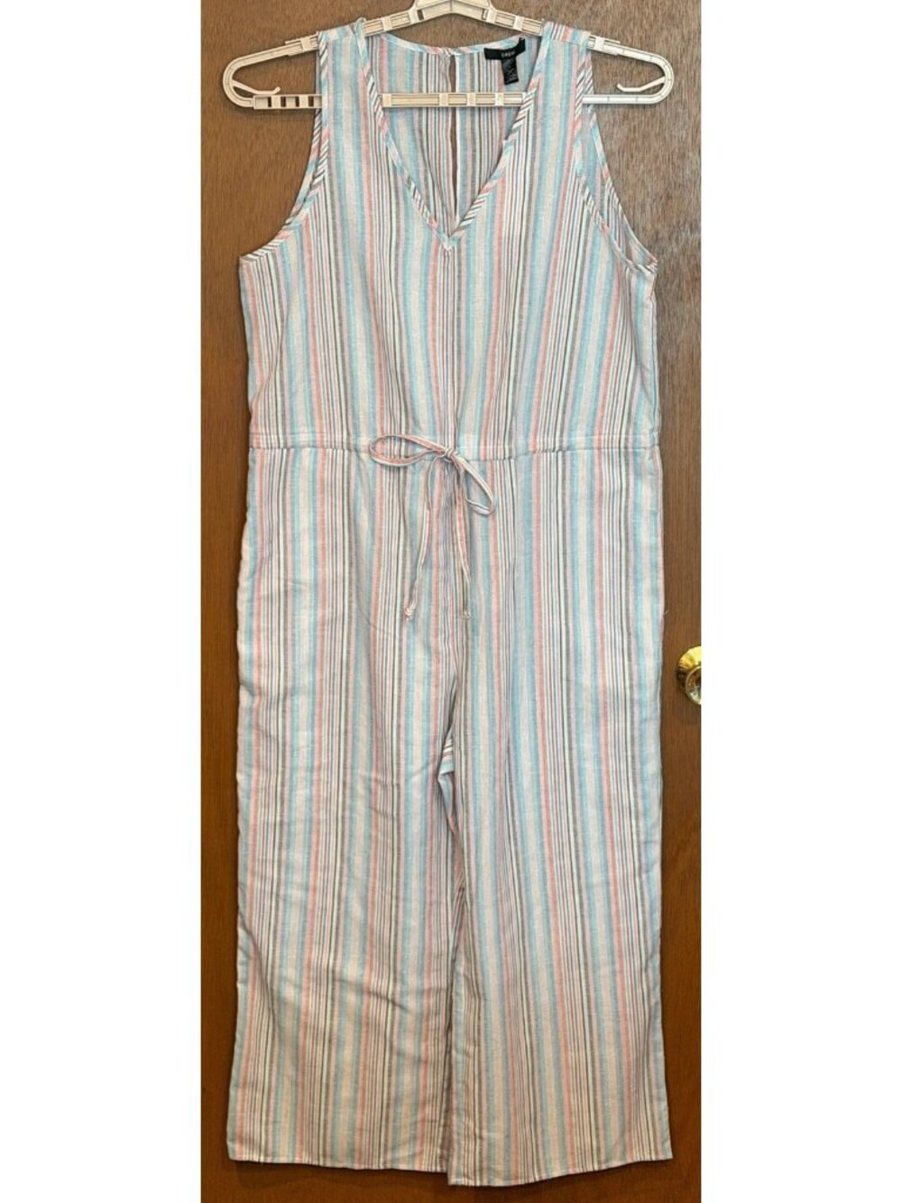 DREW Women's Sleeveless V-Neck Jumpsuit Waist Tie Colorful Vertical Stripes L